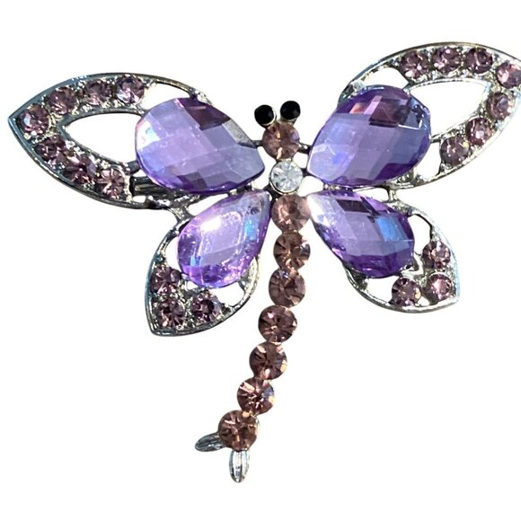 Purple Gemstone Dragonfly Brooch Pin  Silver-Tone Metal Elegant Jewelry Accessor - Picture 1 of 7